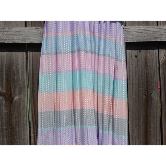 Vtg 80s Algo Pastel Plaid Stripe Midi Dress Tie Collar Retro New Wave Aesthetic - Picture 4 of 9